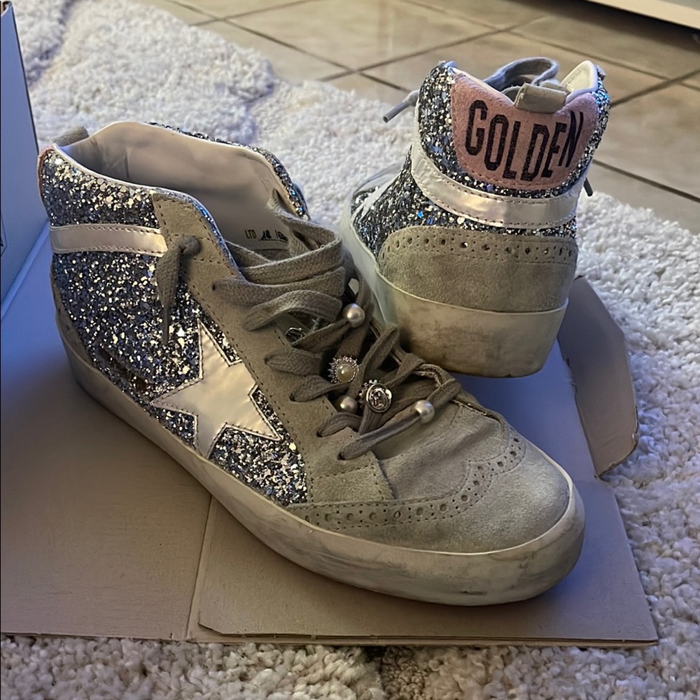 Size 40 Golden Goose Women's Glitter High-Top Sneakers - Silver, Gray, Pink